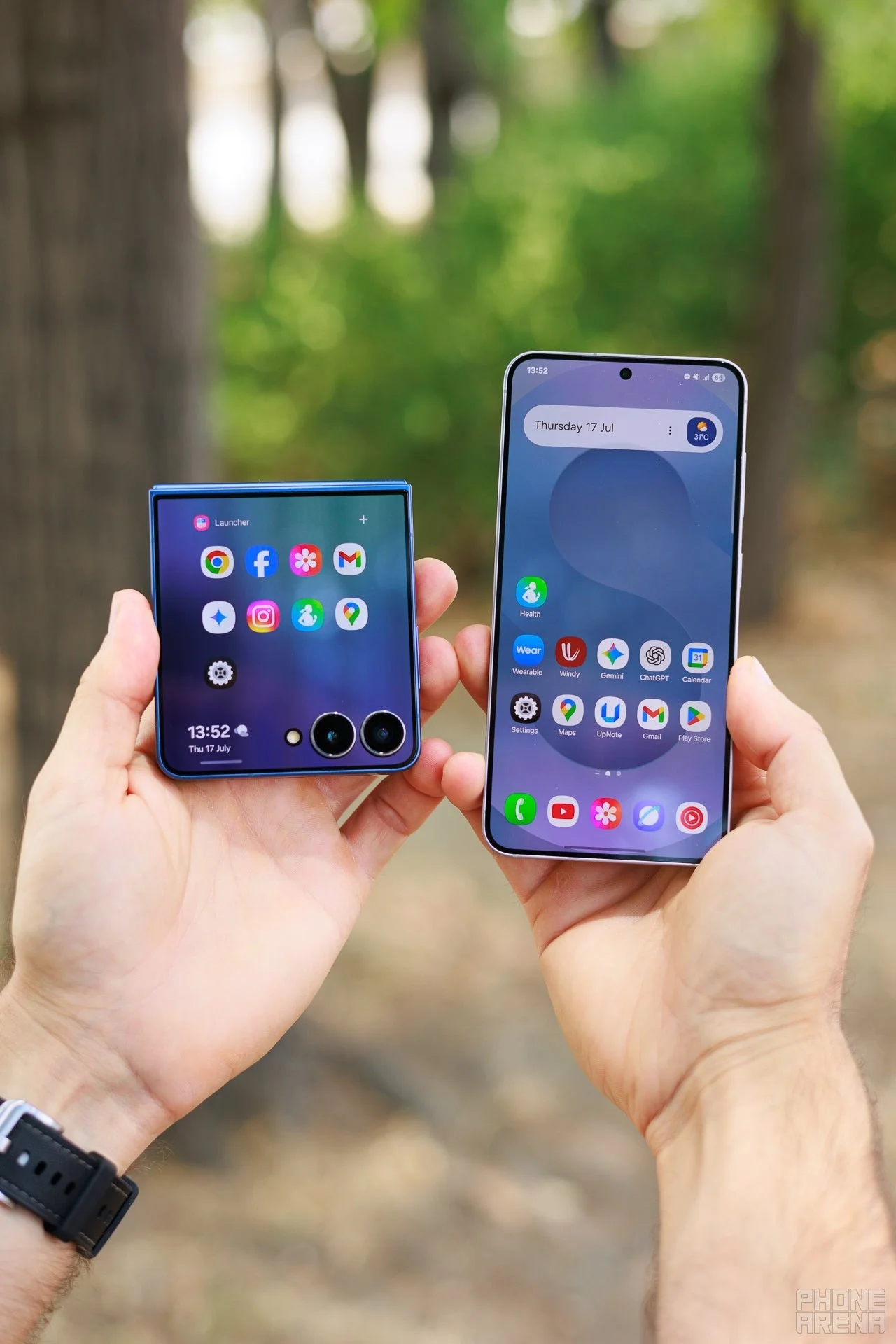 Folded Samsung Galaxy Z Flip 7 (left) and Galaxy S25 (right) held in hands, showing size comparison